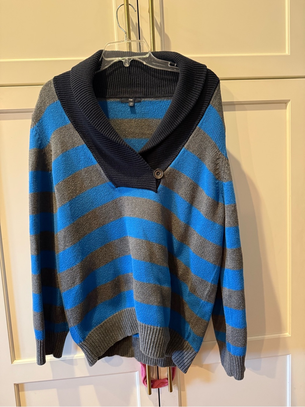 Gap Blue and Gray Striped Shawl Collar Sweater cotton/camel hair blend XL